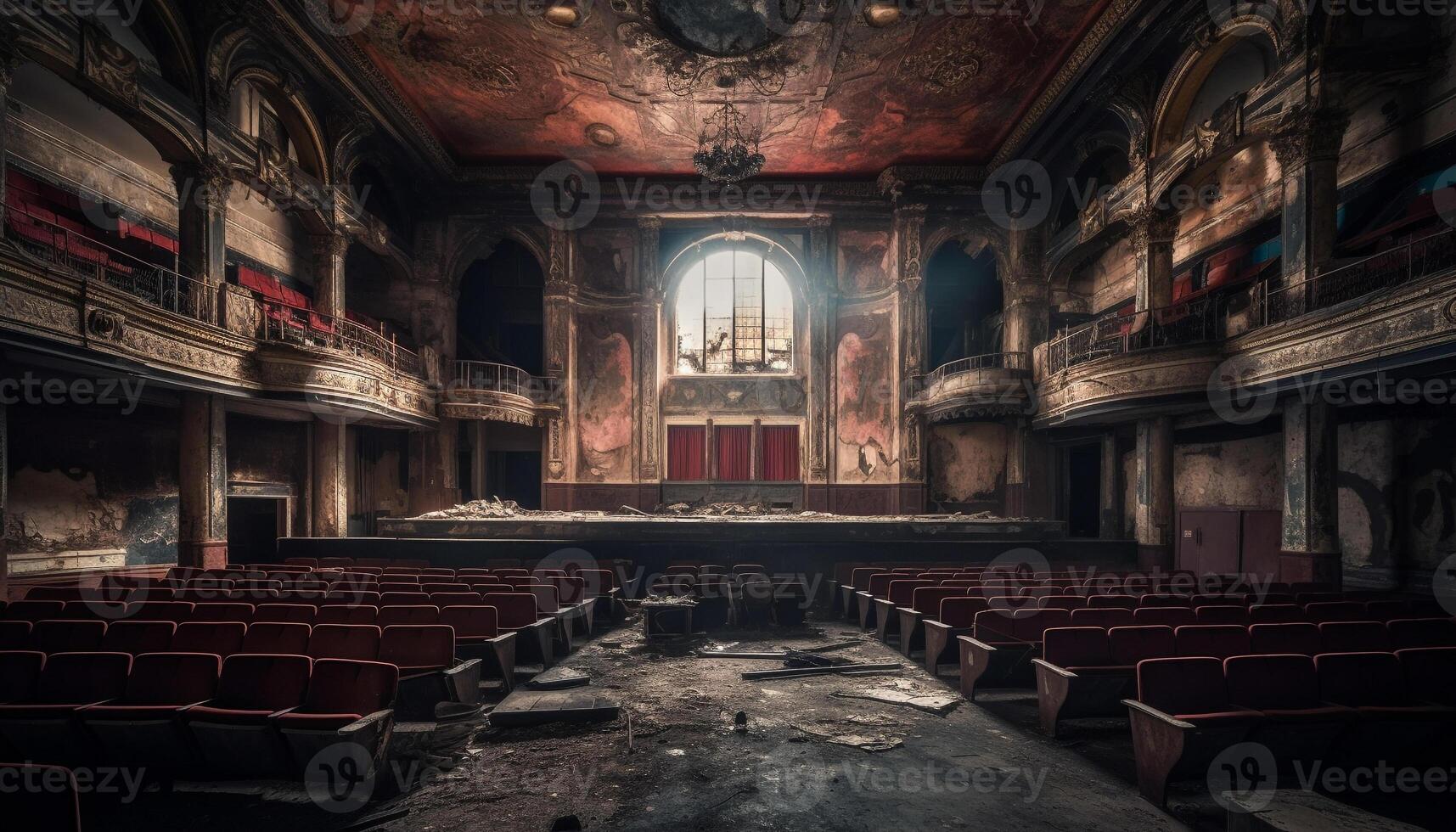 Empty pew in abandoned chapel, a spooky ancient monument generated by AI photo