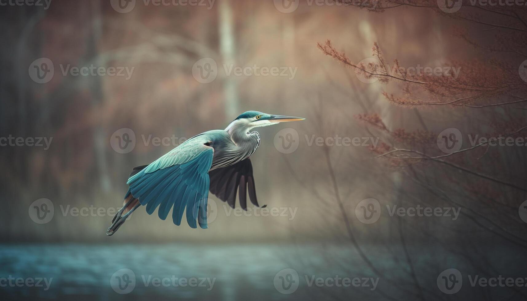 A majestic heron perching on a branch at sunset generated by AI photo