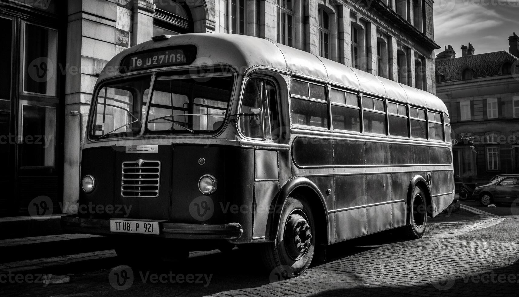 Double decker bus speeds through city, illuminating historic architecture in monochrome generated by AI photo