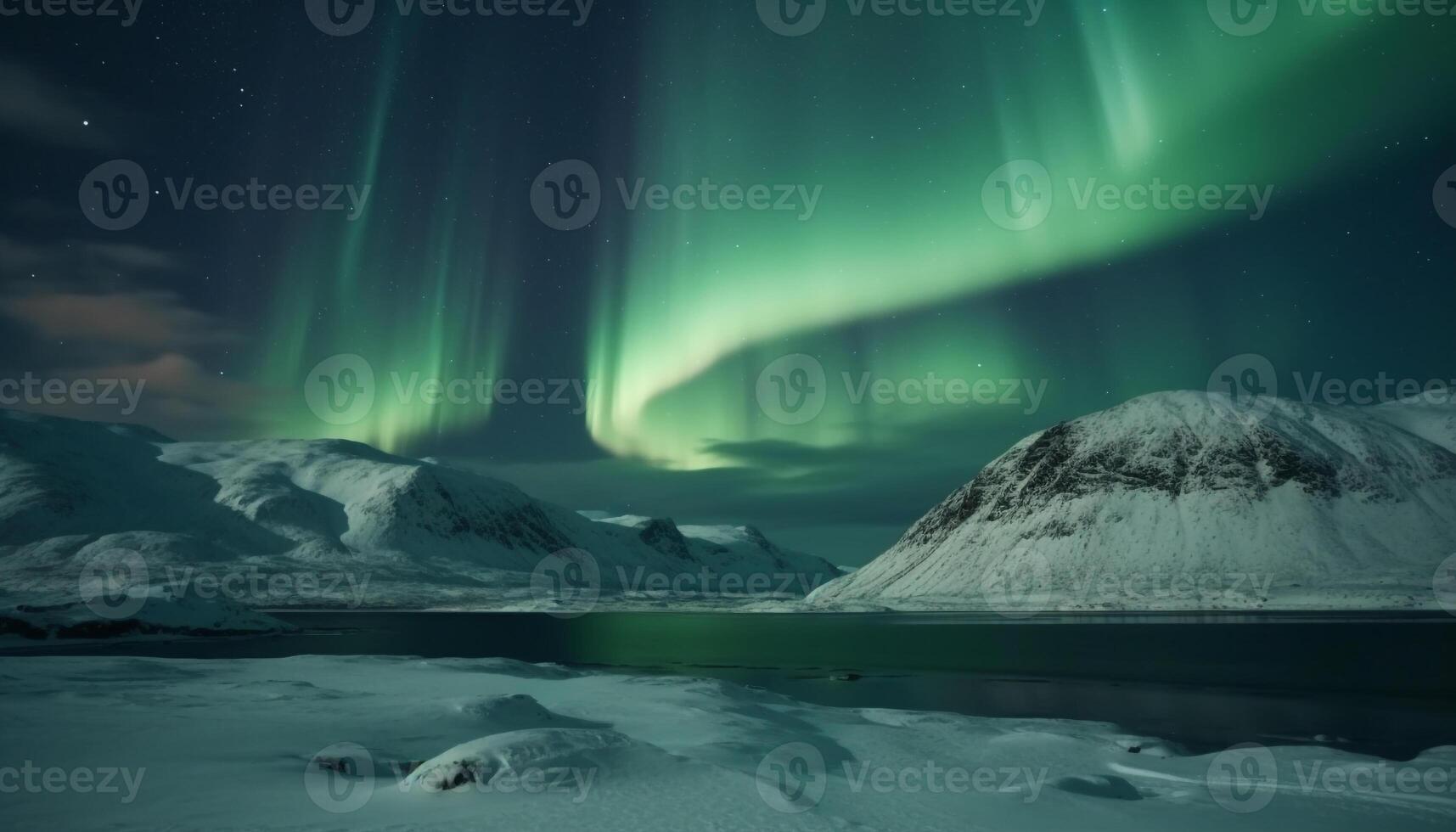 Majestic mountain range illuminated by aurora polaris in arctic night generated by AI photo