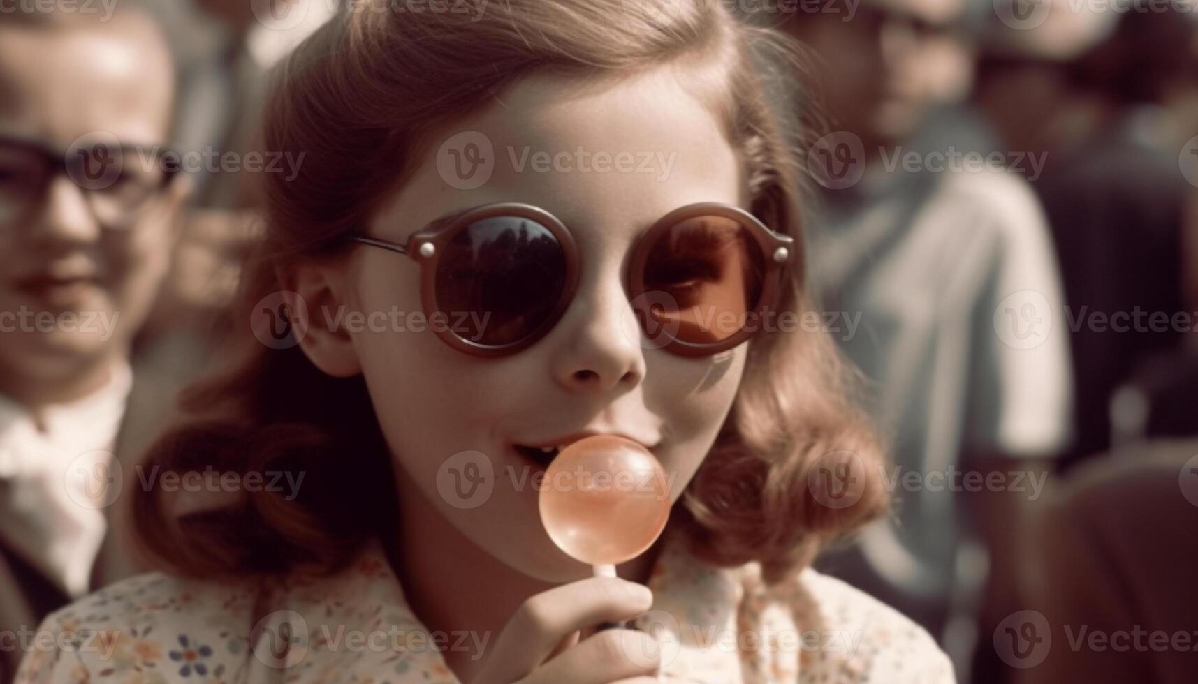 A cute, cheerful girl blowing bubbles with sunglasses on outdoors generated by AI photo