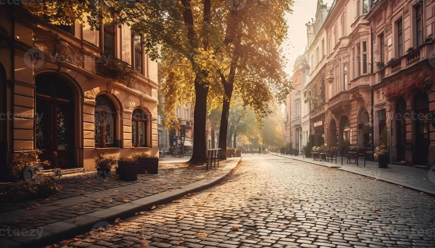 The old city architecture illuminated by the sunset sunlight generated by AI photo