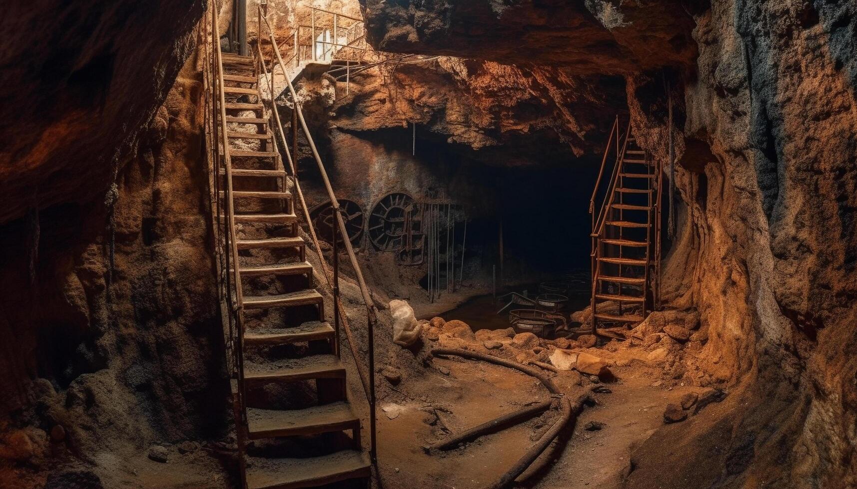 hombres caminando abajo sucio escalera en antiguo minería industria restos generado por ai foto