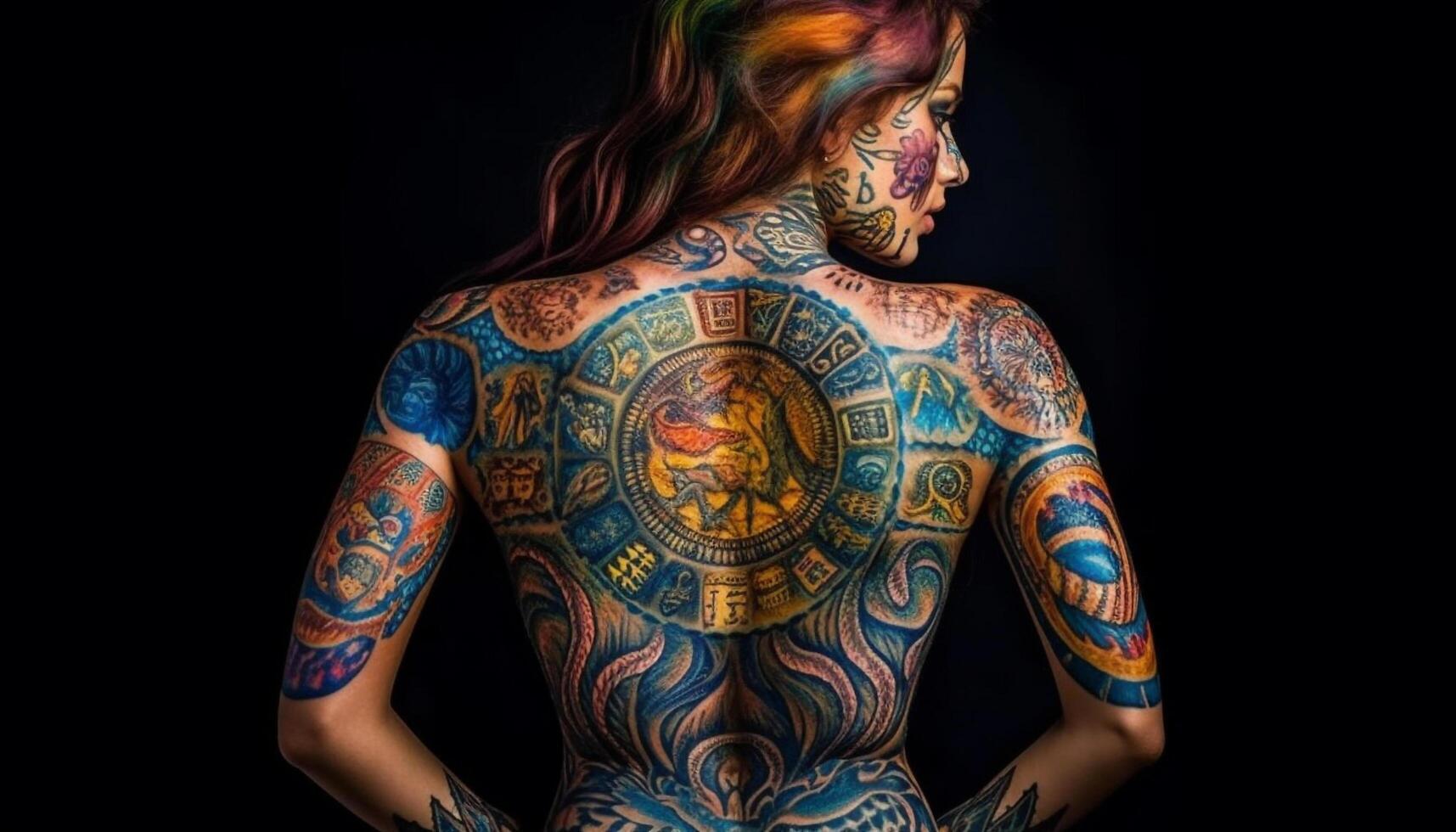 One beautiful woman, adorned in tattoos, exudes sensuality and creativity generated by AI