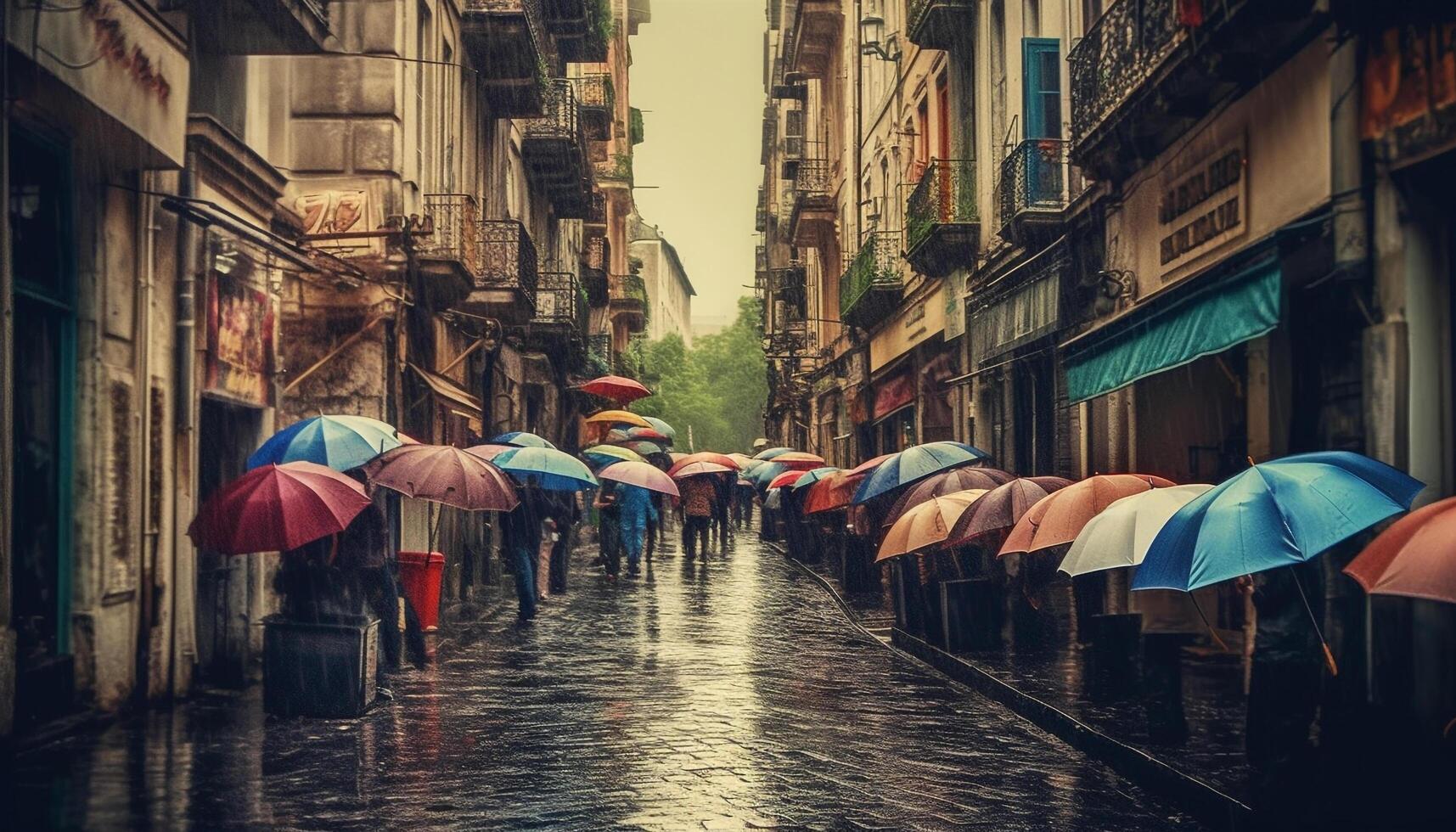 Walking in the rain, city lights reflecting on wet pavement generated by AI photo