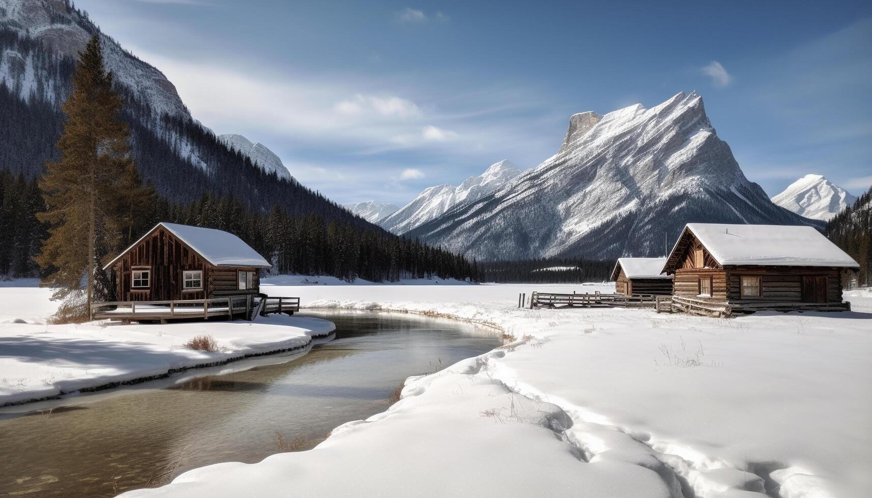 A tranquil winter day in a remote mountain chalet generated by AI photo