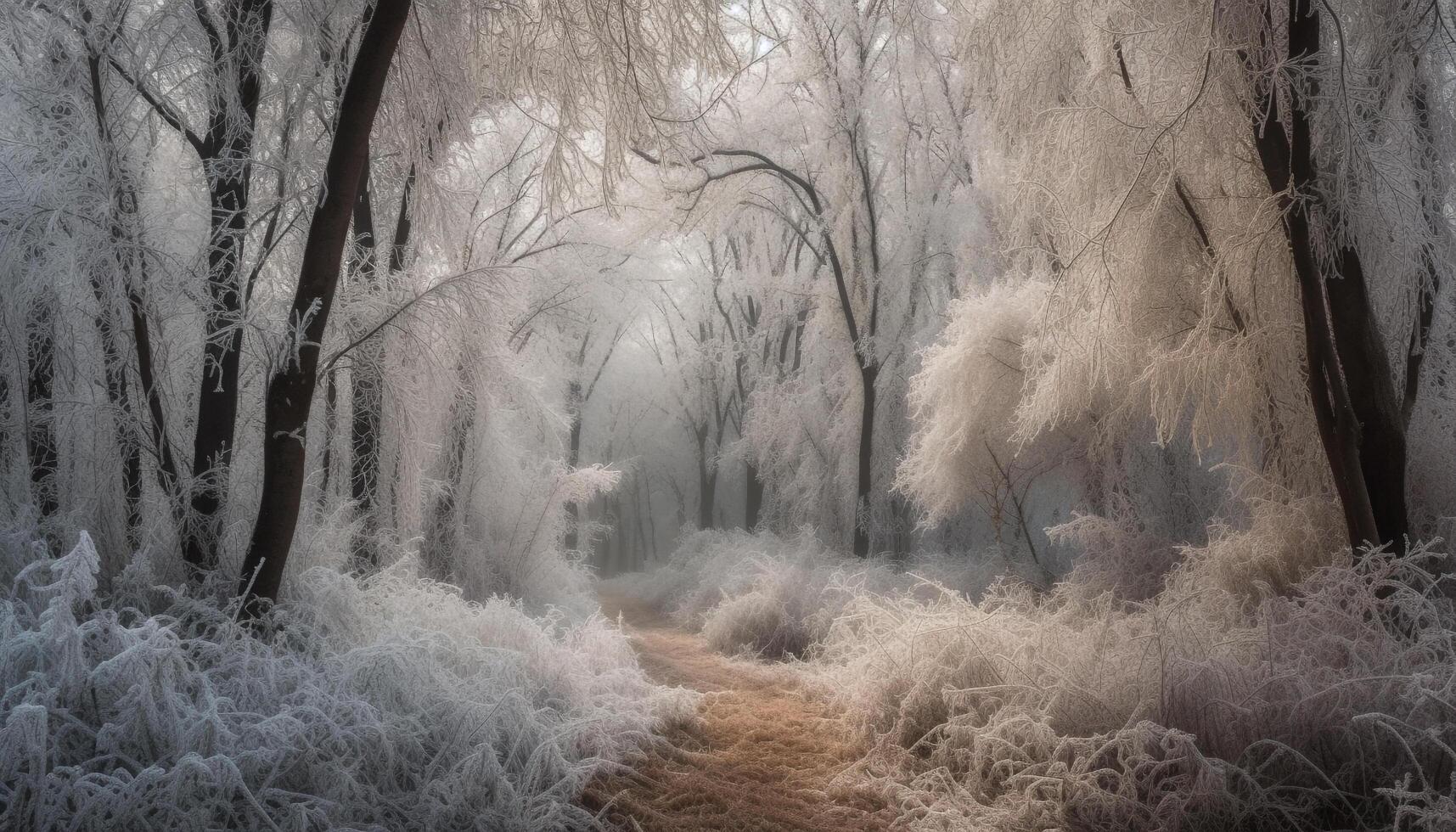 The frosty tree branch in the winter forest is beautiful generated by AI photo