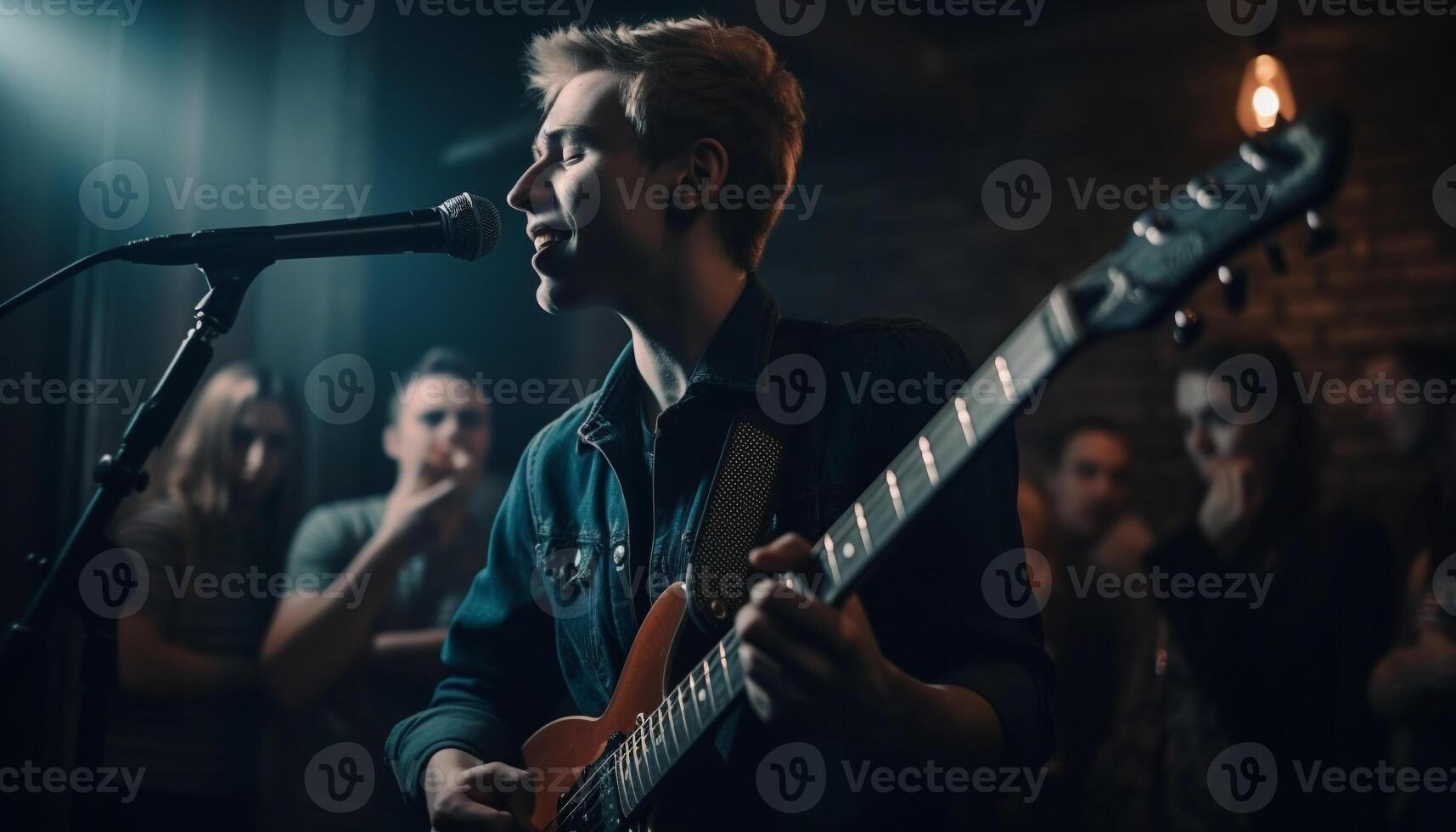 el joven músico hábilmente despluma su eléctrico guitarra en etapa generado por ai foto