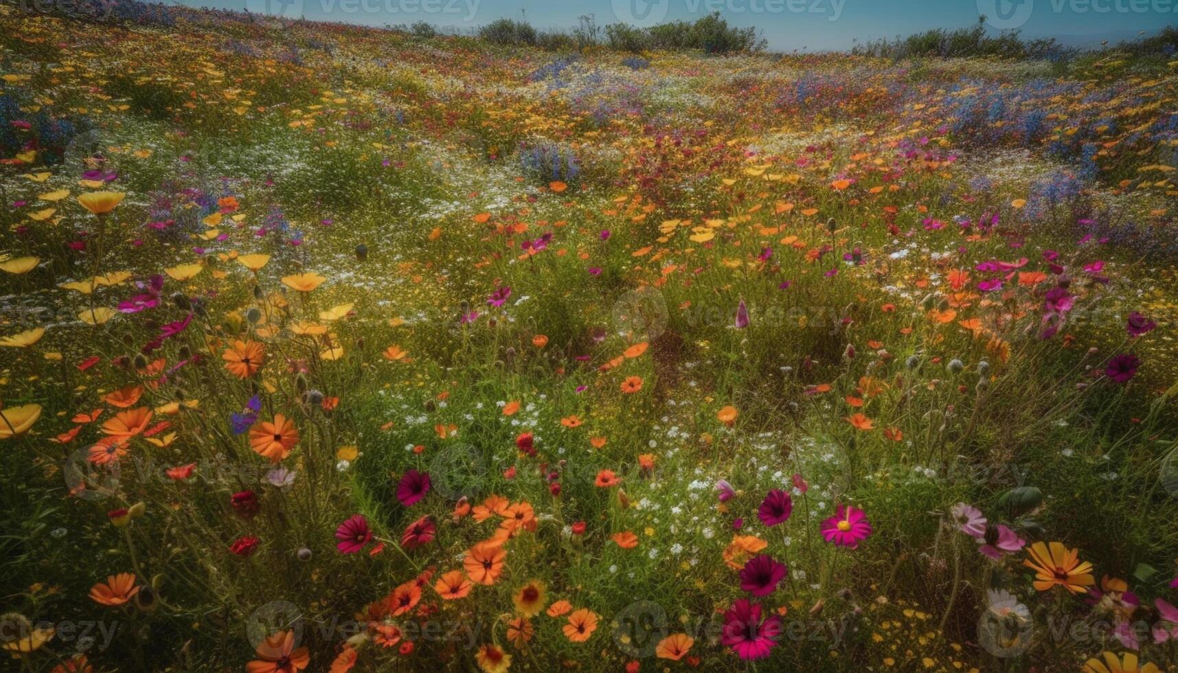The vibrant wildflower meadow glows in the summer sunset generated by AI photo