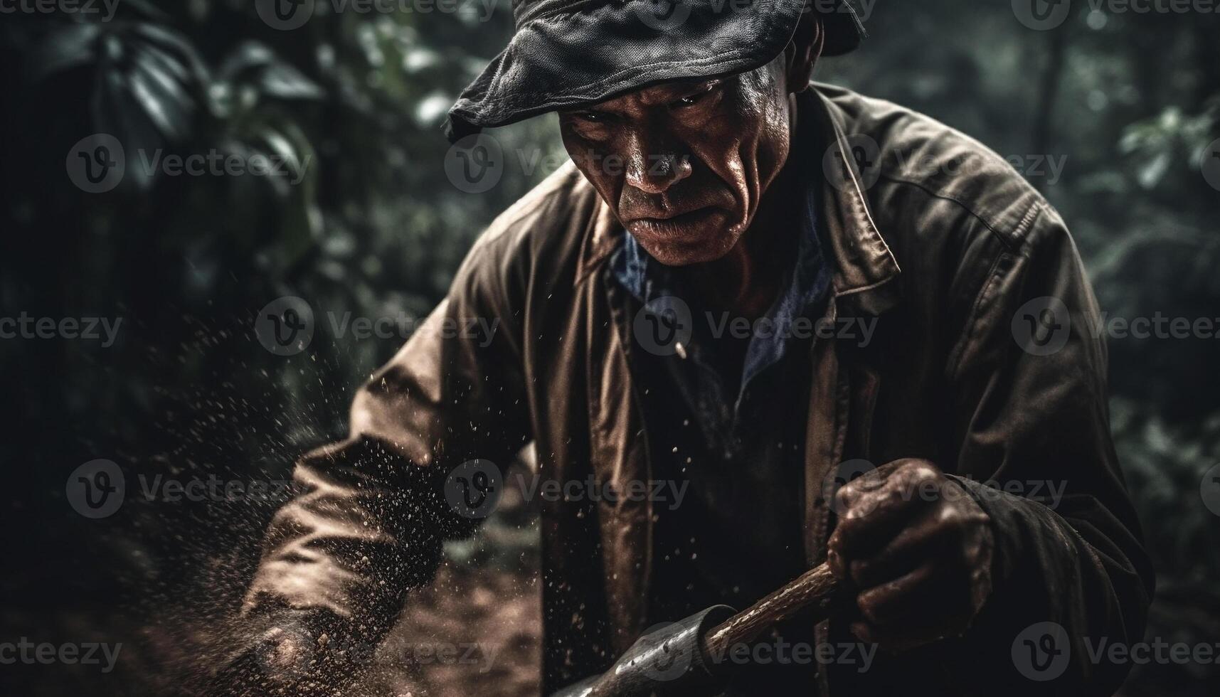 Old craftsman in protective workwear holds old fashioned work tool outdoors generated by AI photo