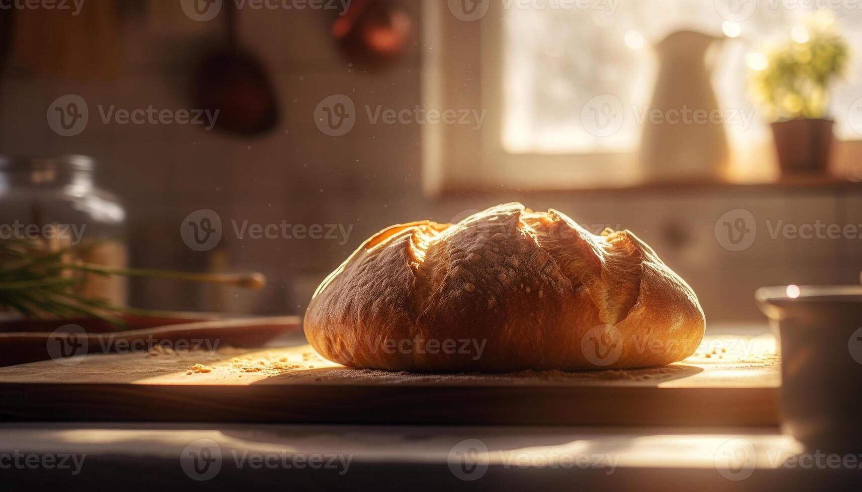 Freshly baked homemade bread on rustic wooden table for healthy meal generated by AI photo