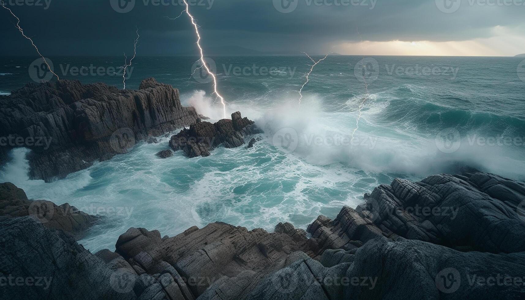 Dark stormy skies crash against rocky coastline, natural beauty awe inspiring generated by AI photo