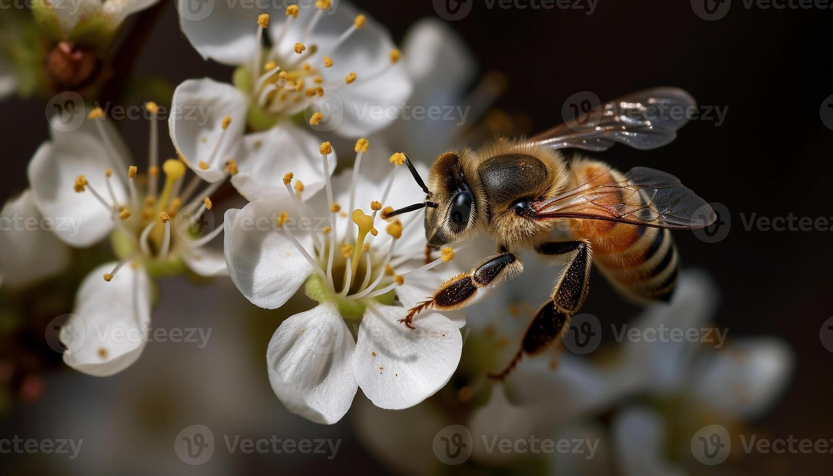 Busy honey bee pollinates single flower in fresh springtime nature generated by AI photo
