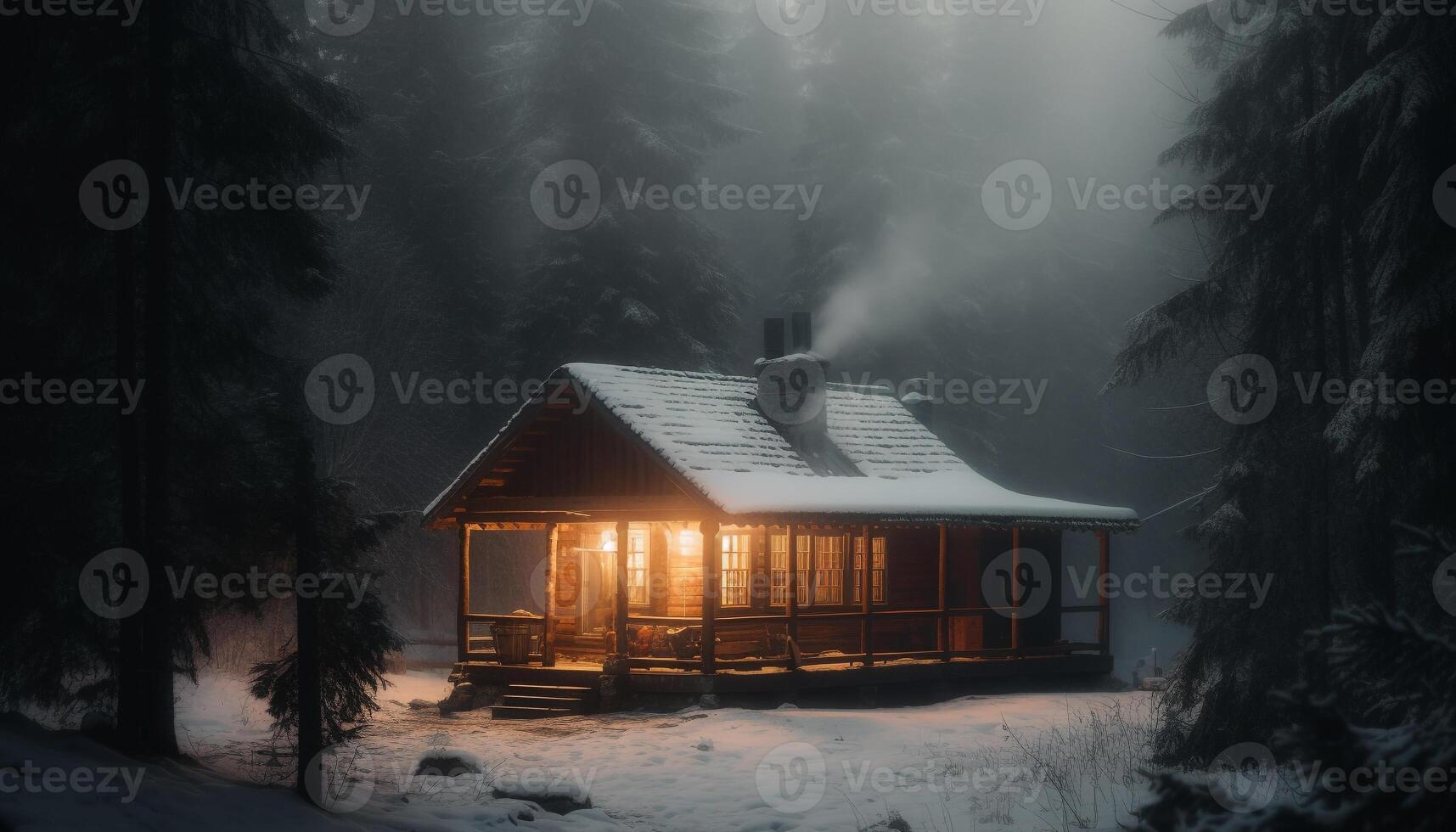 A spooky hut in the forest, illuminated by winter frost generated by AI photo