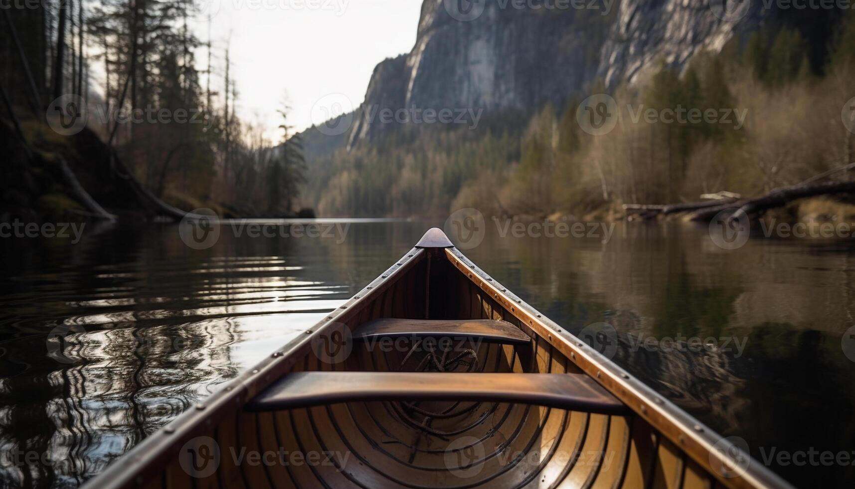 Canoeing in Alberta tranquil waters, surrounded by nature beauty generated by AI photo