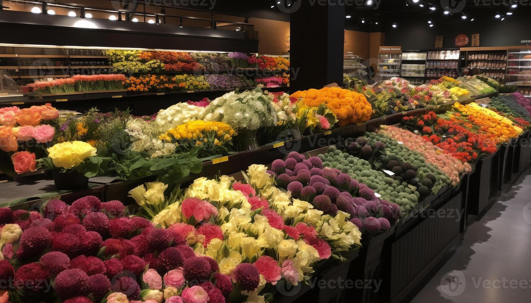 Fresh flower bouquets for sale at retail store, indoors and outdoors generated by AI photo