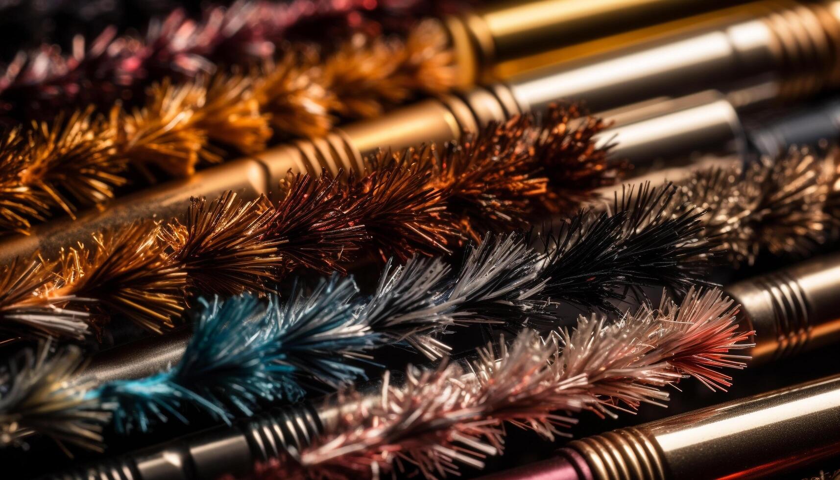 Vibrant metallic feather collection in a row, sharp luxury design generated by AI photo