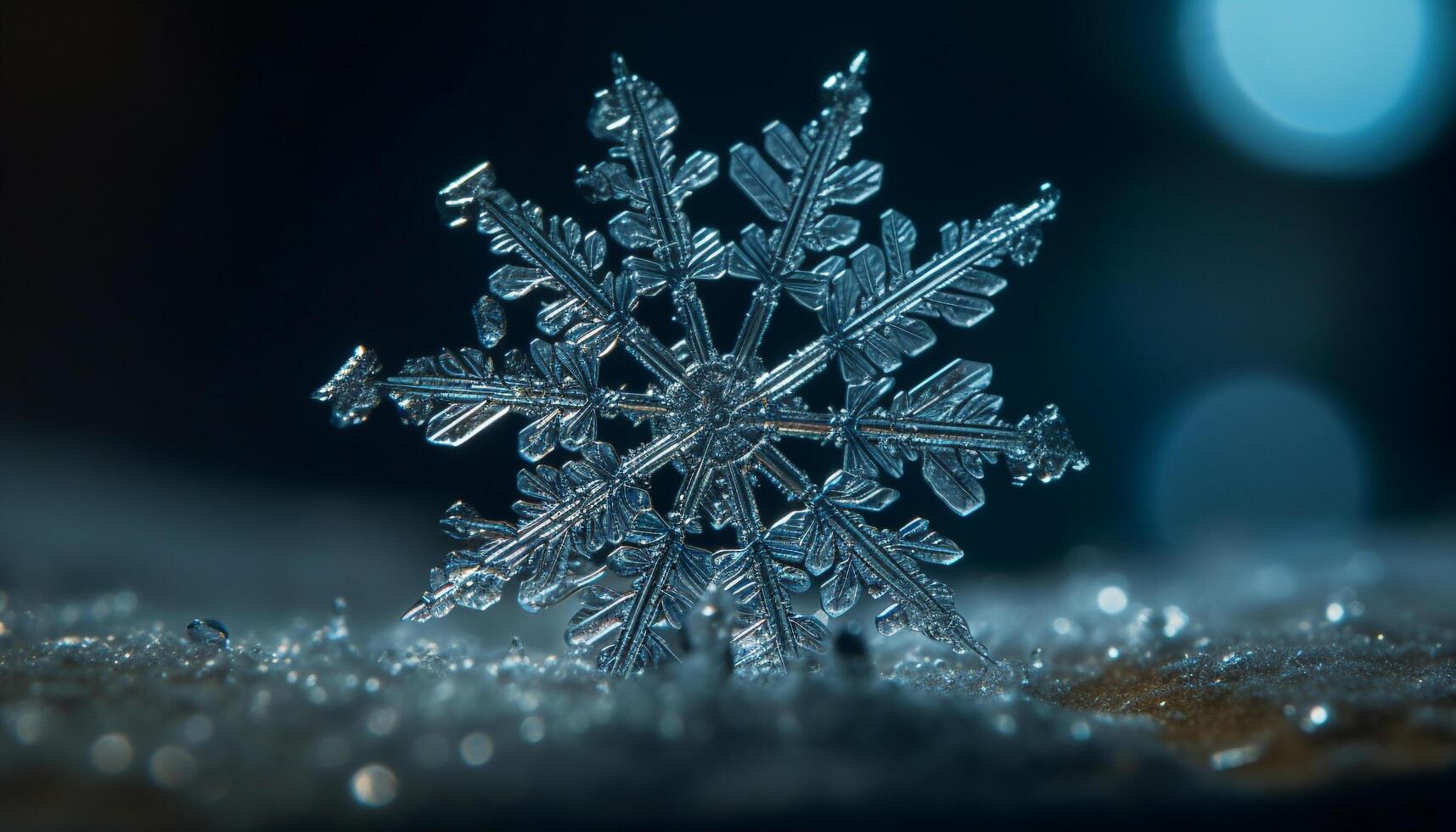 Abstract snowflake pattern glows in defocused winter night backdrop generated by AI photo