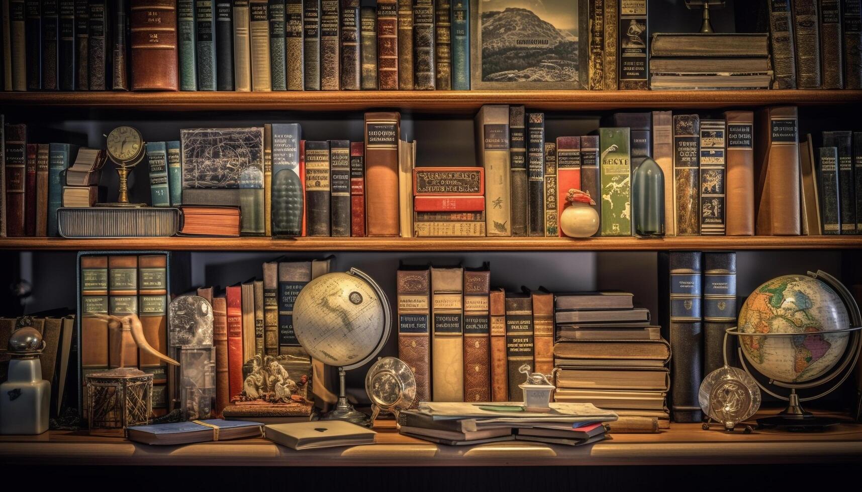 un polvoriento antiguo estante para libros sostiene un abundancia de antiguo sabiduría generado por ai foto