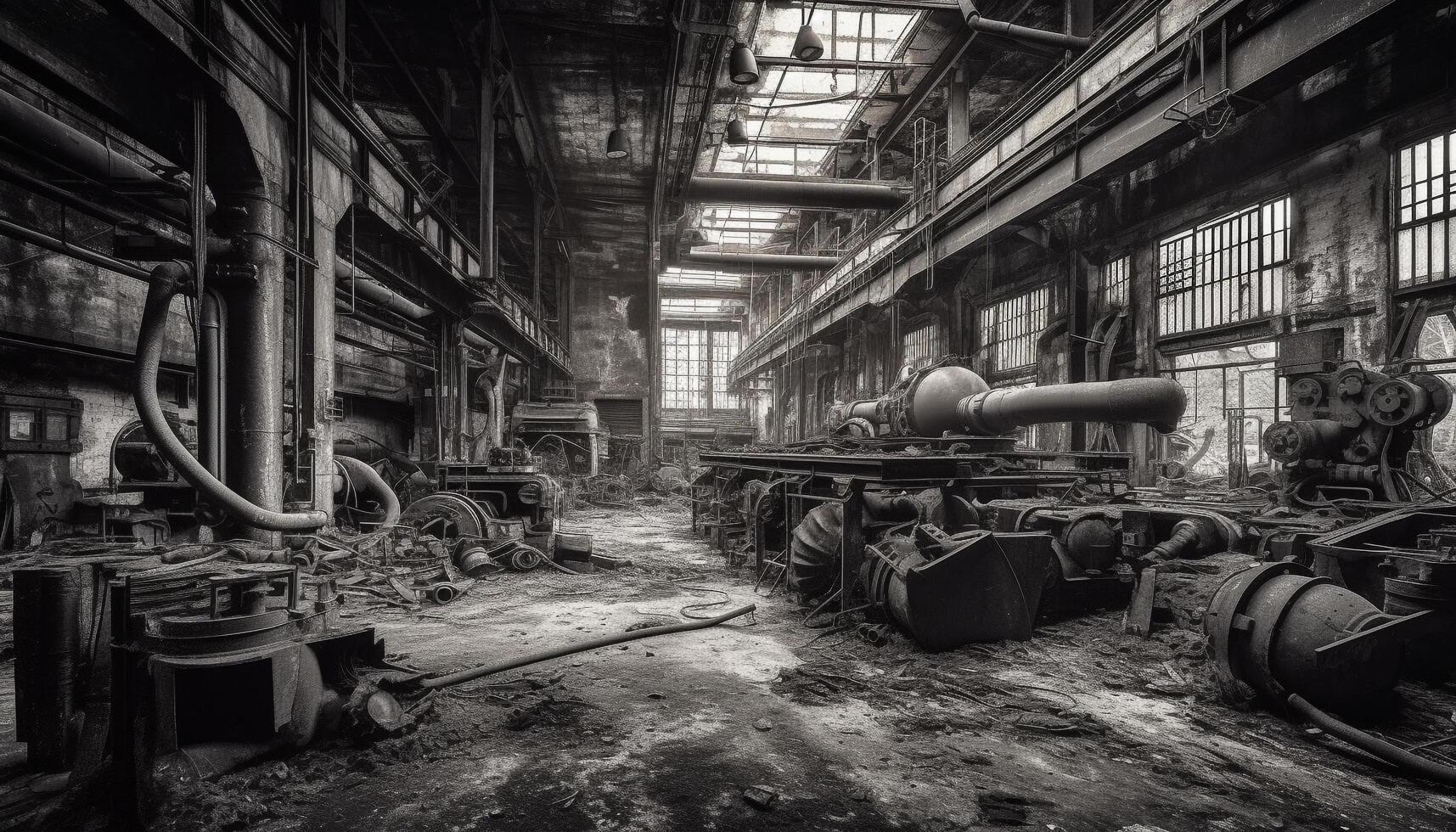 Abandoned factory rusty machinery, broken equipment, spooky built structure generated by AI photo
