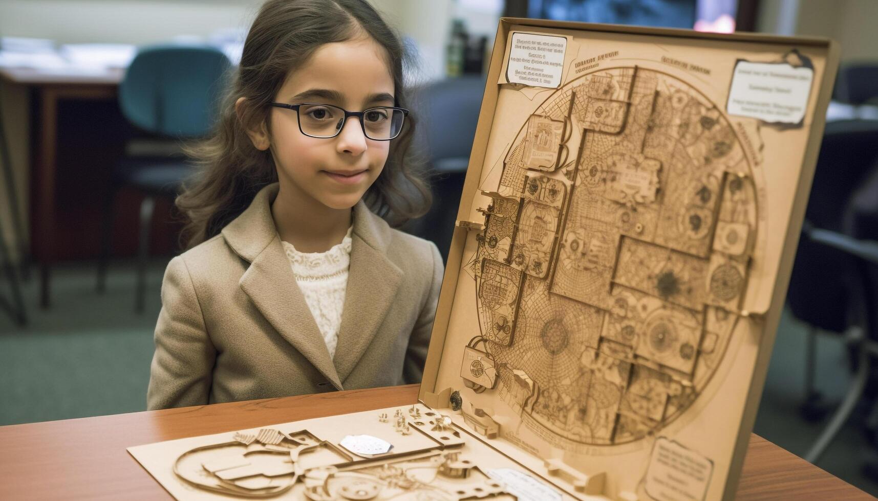 Young adult businesswoman concentrating on blueprint at office desk, confident generated by AI photo
