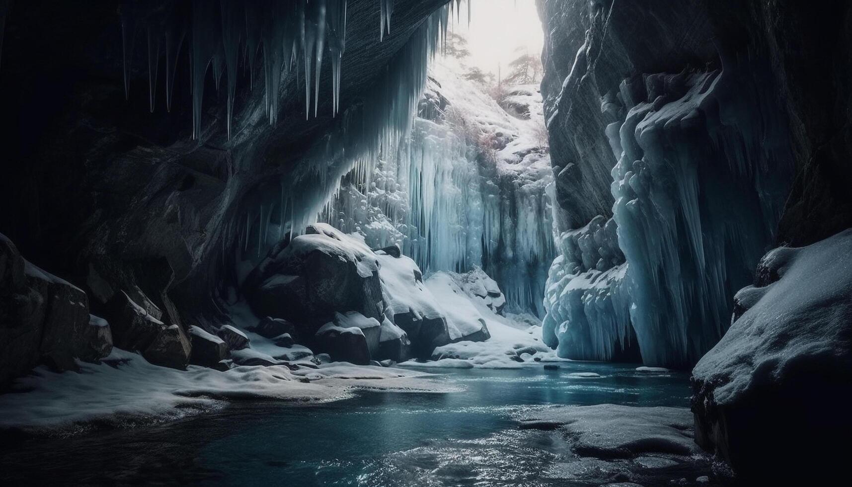 Majestic mountain range, frozen in time, a winter wonderland adventure generated by AI photo