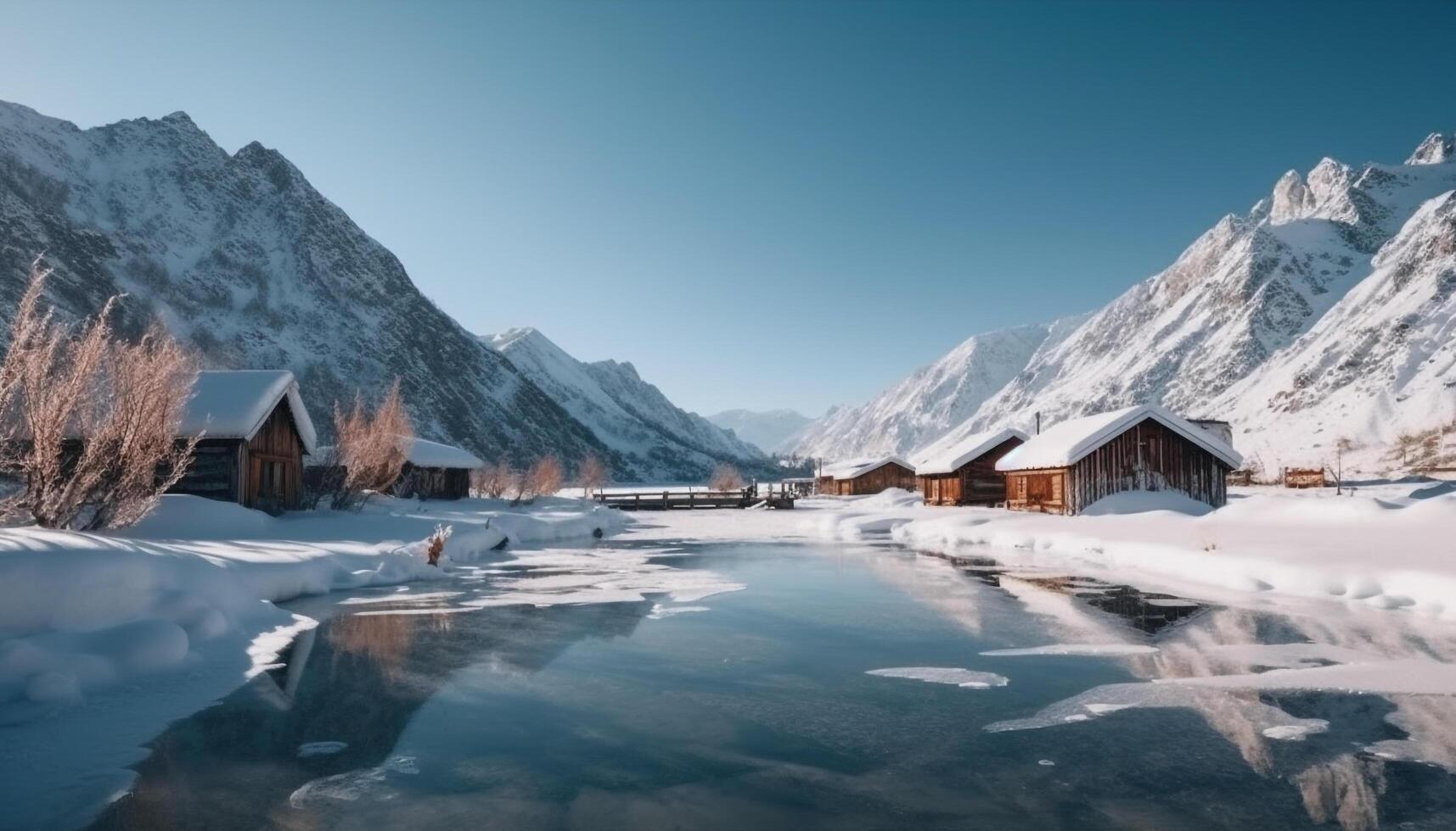Majestic mountain peak, chalet, and wood material create idyllic vacations generated by AI photo