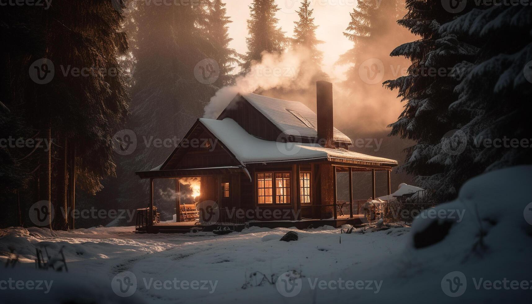 A cozy winter cottage nestled in a snowy forest landscape generated by AI photo