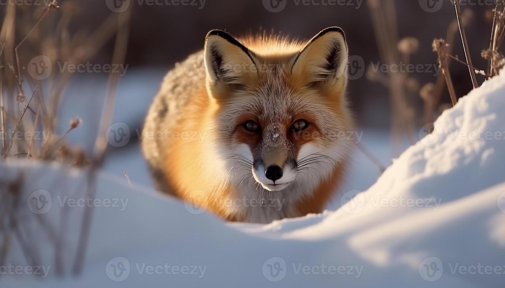 Red fox, alert in winter wilderness, looking at camera generated by AI photo