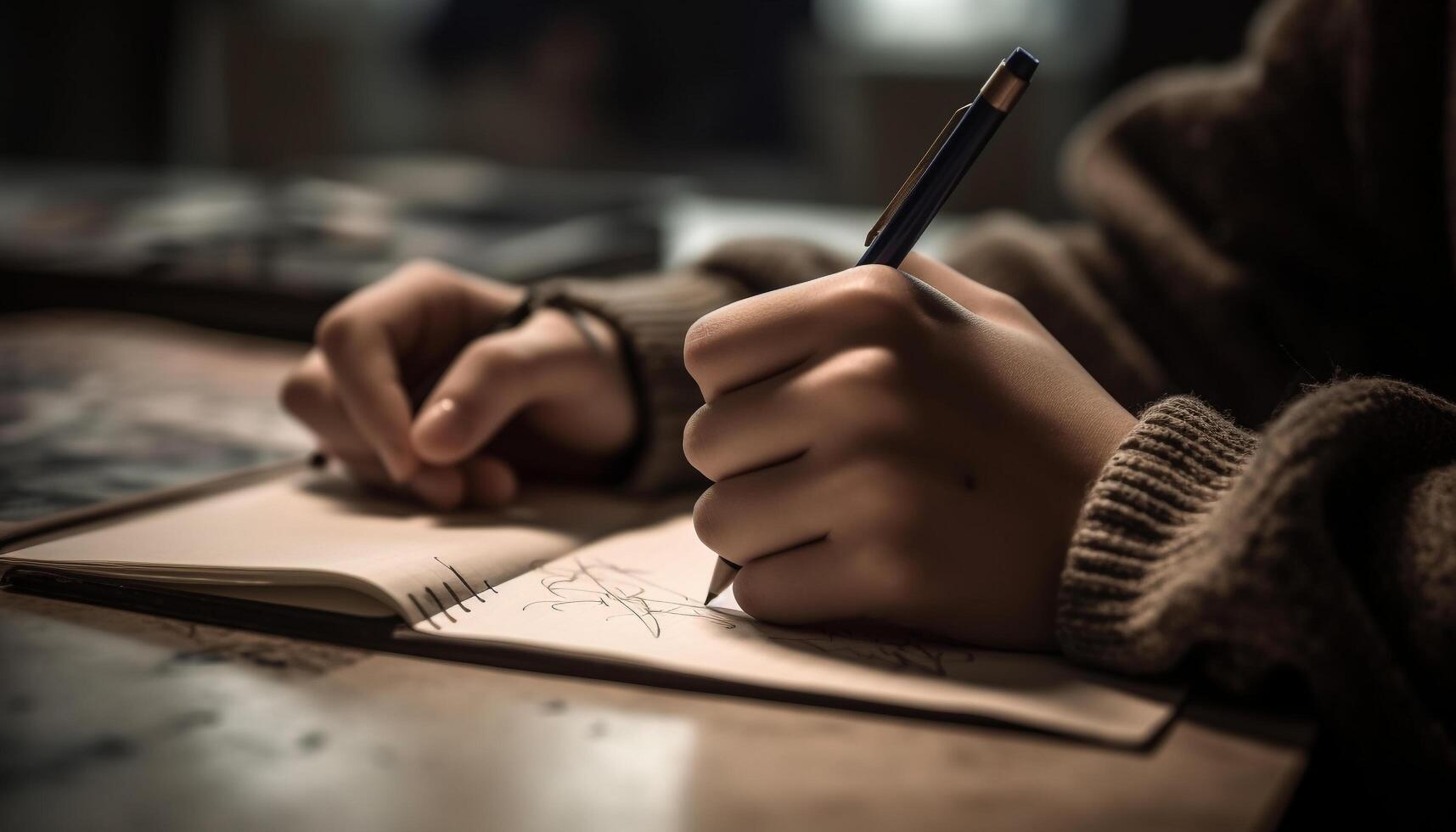 One person, a caucasian adult, working on creativity with pen generated by AI photo