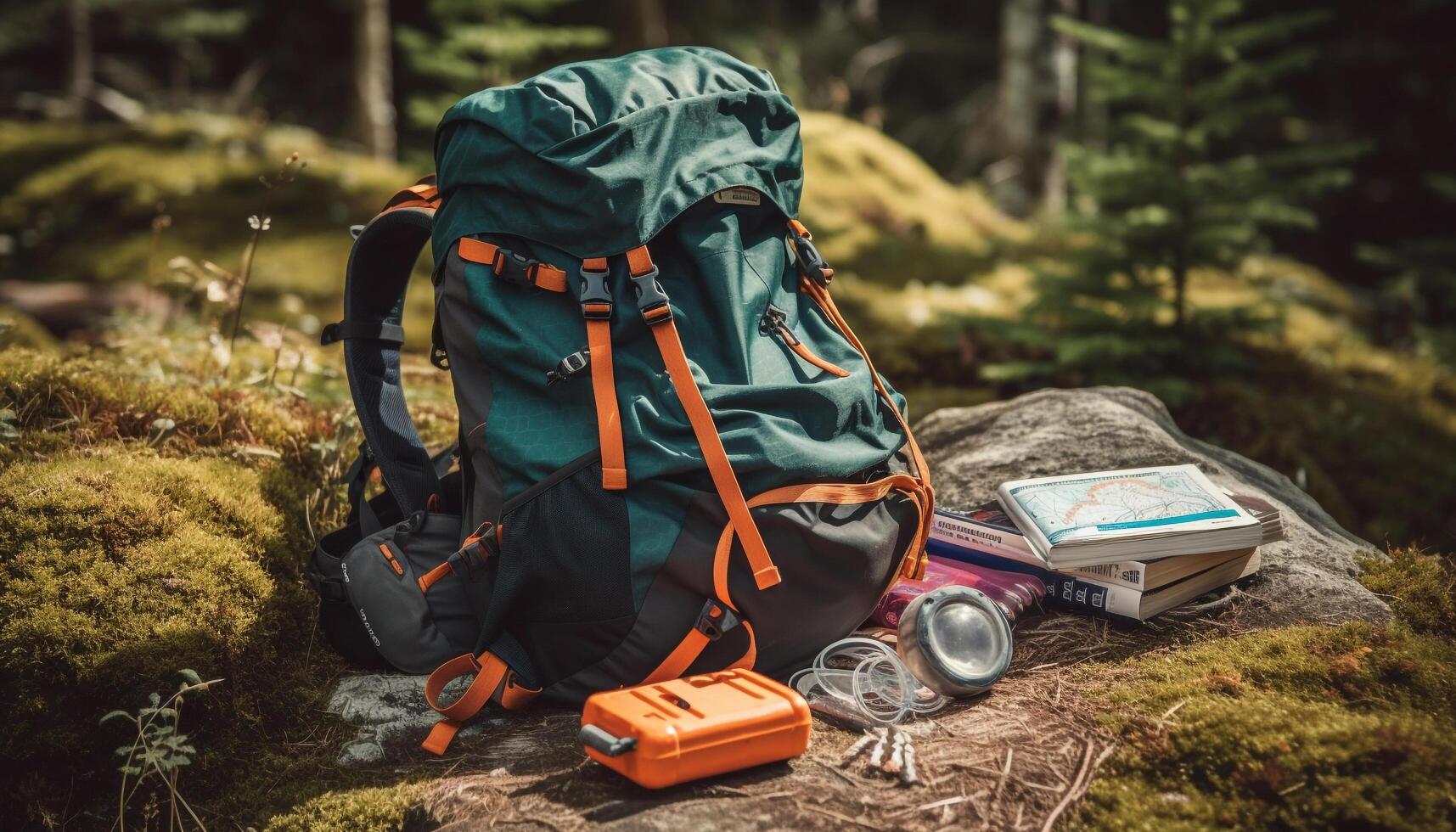 uno persona excursionismo con mochila y equipo en montaña paisaje generado por ai foto