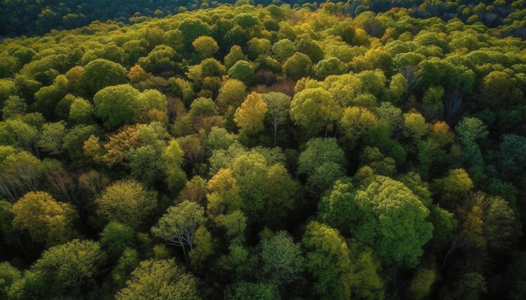 Mid air drone captures idyllic autumn forest in panoramic aerial view generated by AI photo