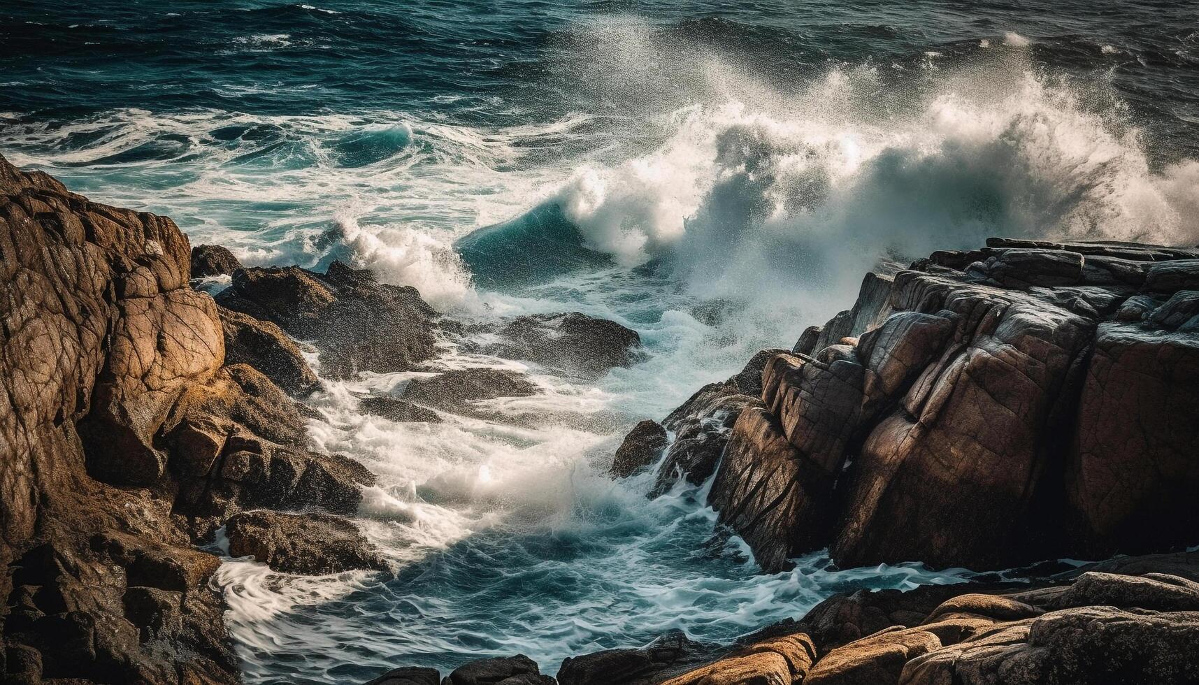 Breaking waves crash against rocky cliff, creating natural beauty generated by AI photo