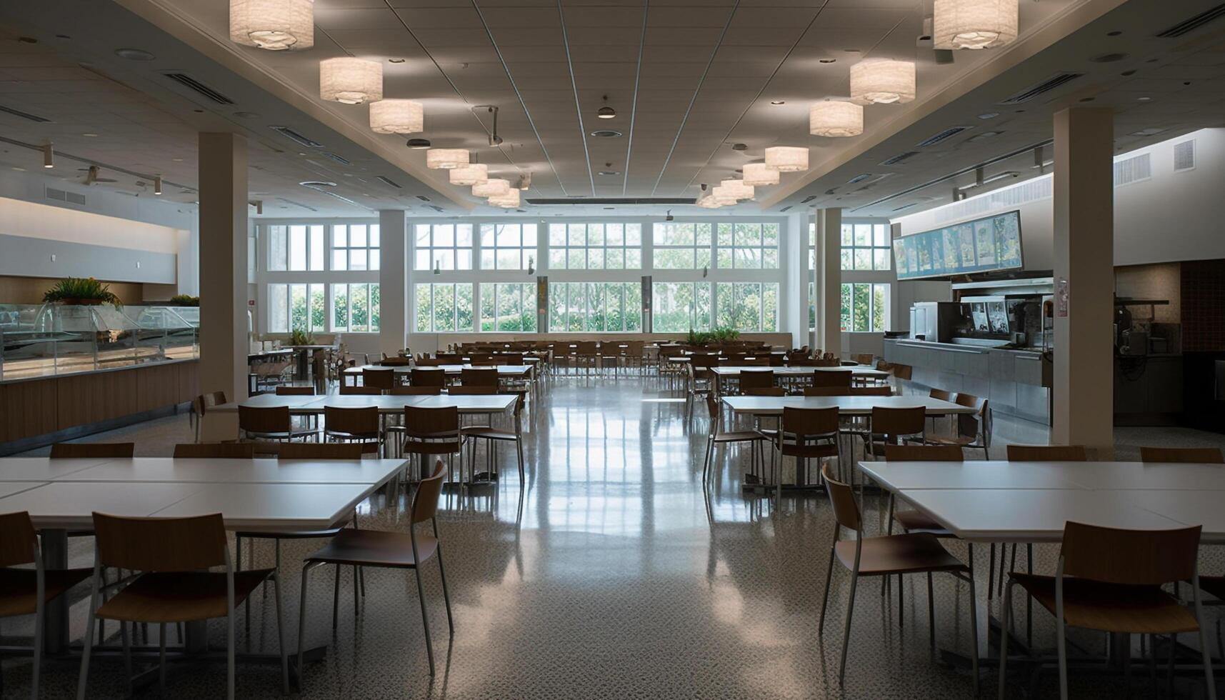 A modern classroom with empty chairs and bright lighting equipment generated by AI photo