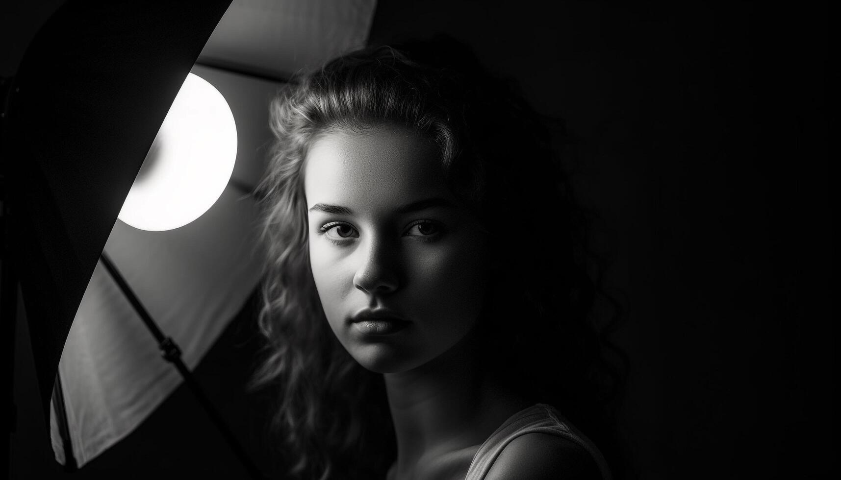 Confident young woman exudes elegance and sensuality in monochrome portrait generated by AI photo