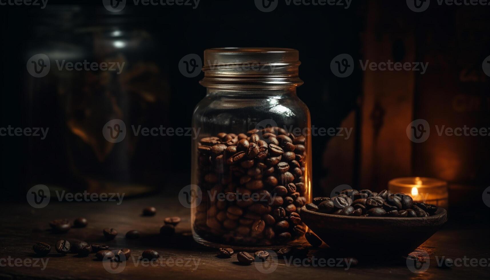 Dark roasted coffee beans fill rustic jar on wooden table generated by AI photo
