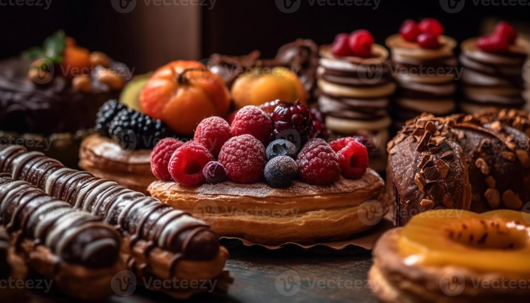 Indulgent homemade chocolate raspberry cake with fresh berry decoration generated by AI photo