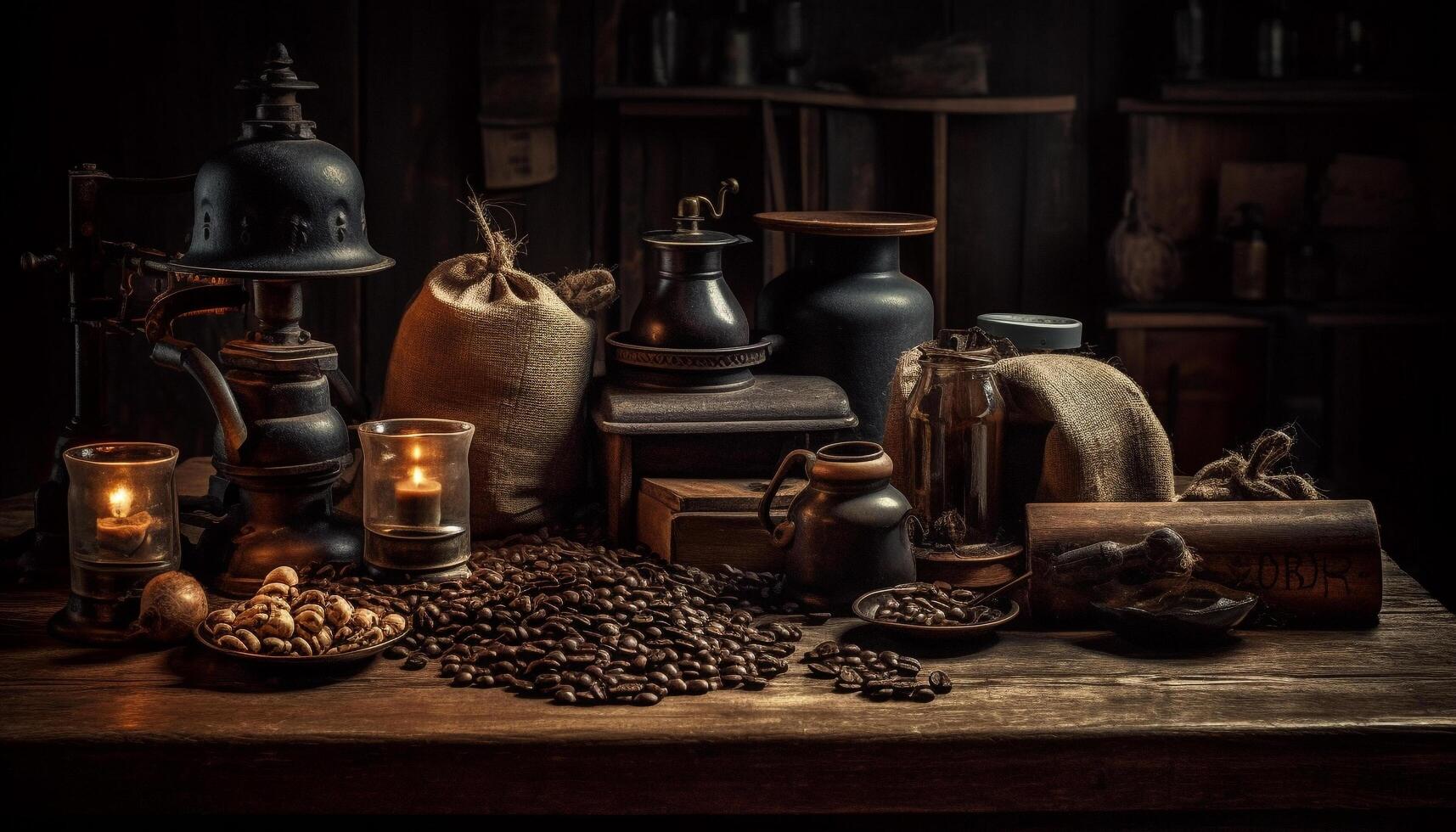 Rustic coffee workshop antique grinder, fresh beans, scented heat, ancient equipment generated by AI photo