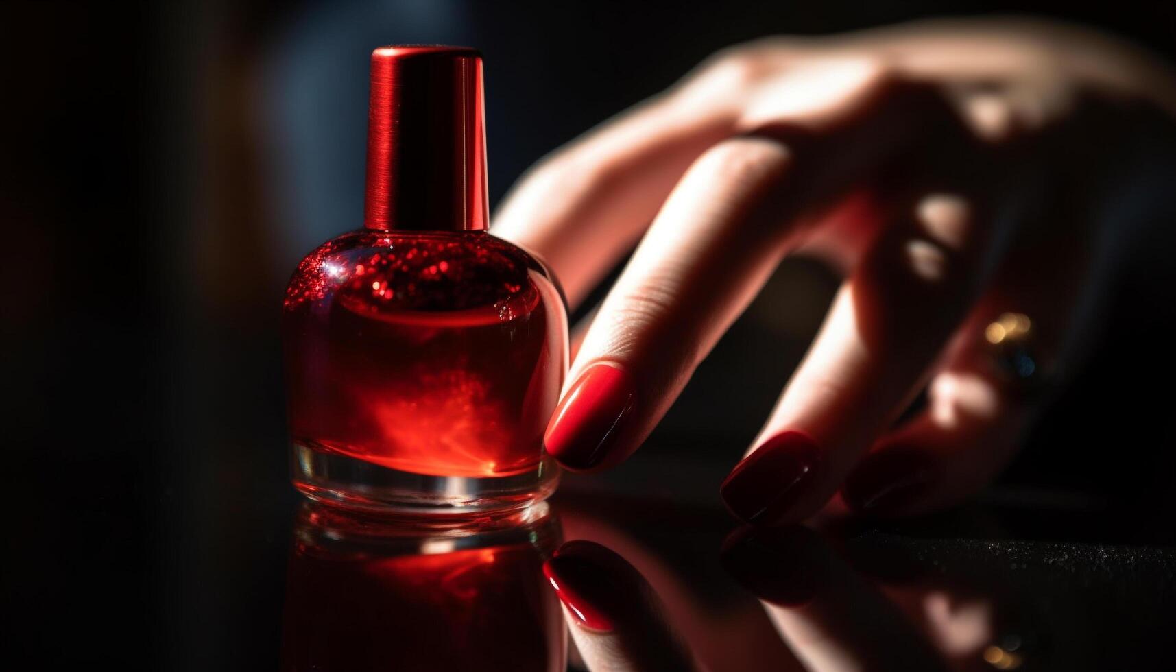 Manicured finger pours liquid drop from nail polish bottle, glamourous elegance generated by AI photo