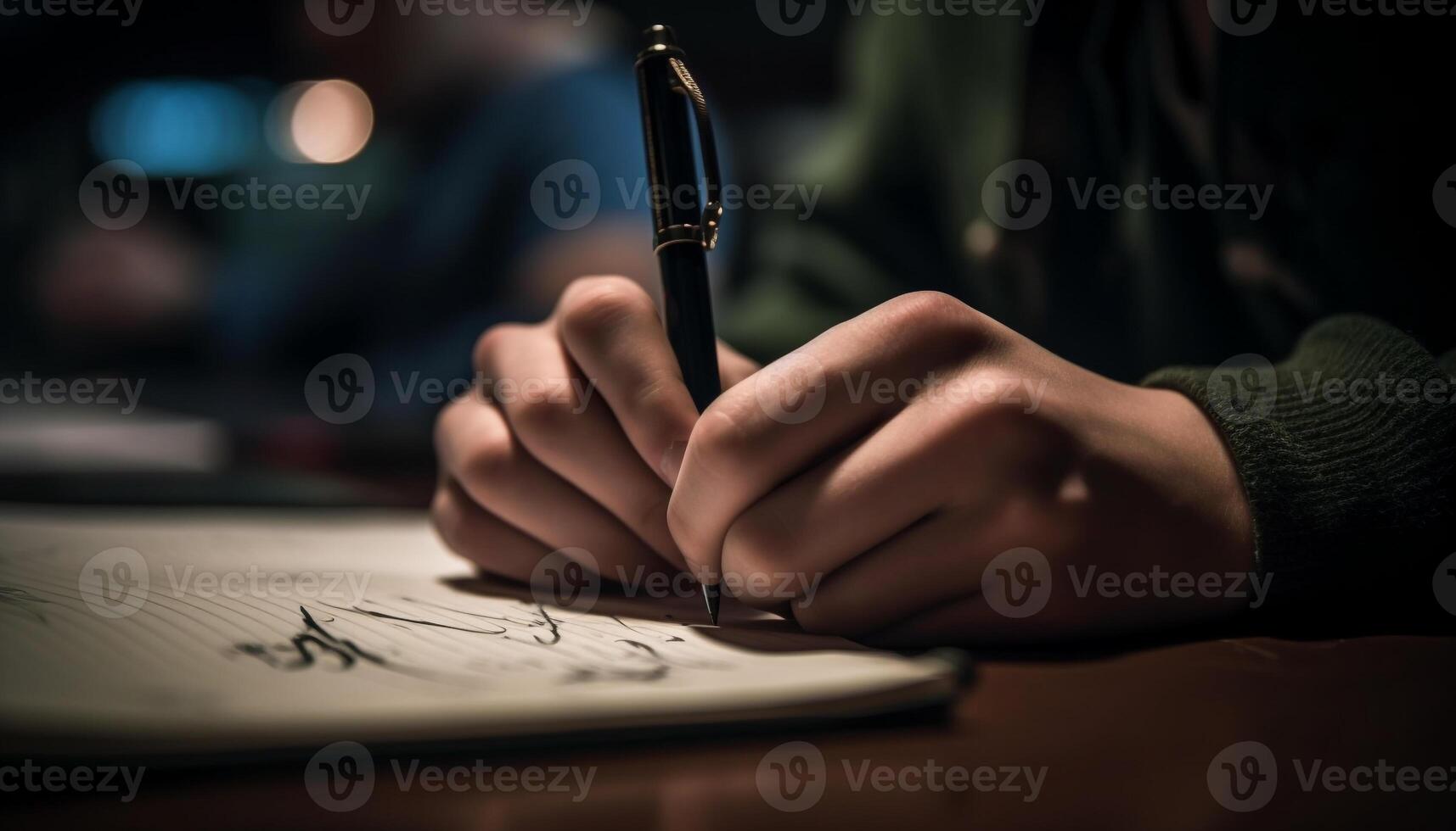 Creative artist sitting at desk, holding pen, sketching ideas generated by AI photo