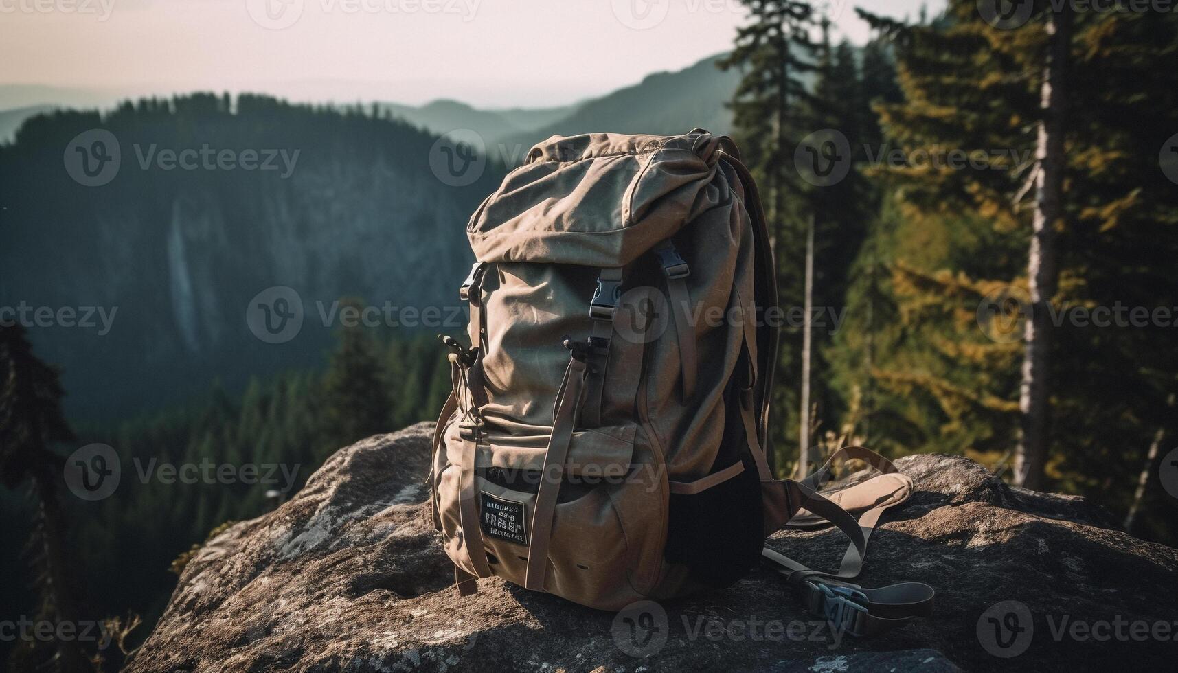 Hiking through the forest, one person enjoys the sunrise dawn generated by AI photo