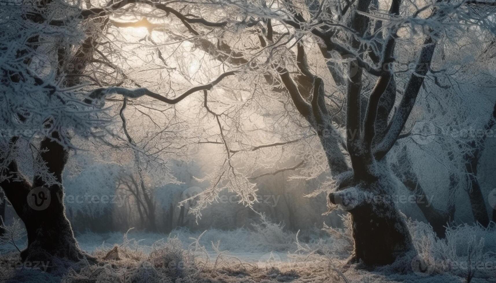 The frosty winter forest glows in the tranquil sunset beauty generated by AI photo