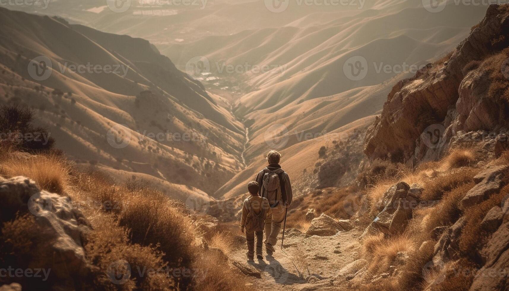 One person hiking with backpack, exploring mountain terrain and landscape generated by AI photo