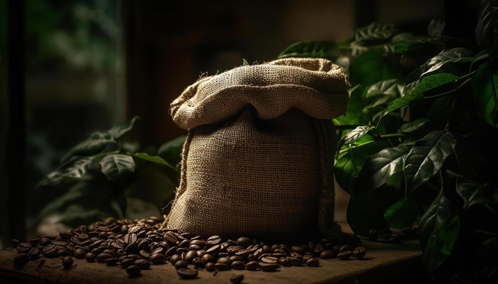 orgánico arpillera saco de grano integral café frijoles, rústico todavía vida generado por ai foto