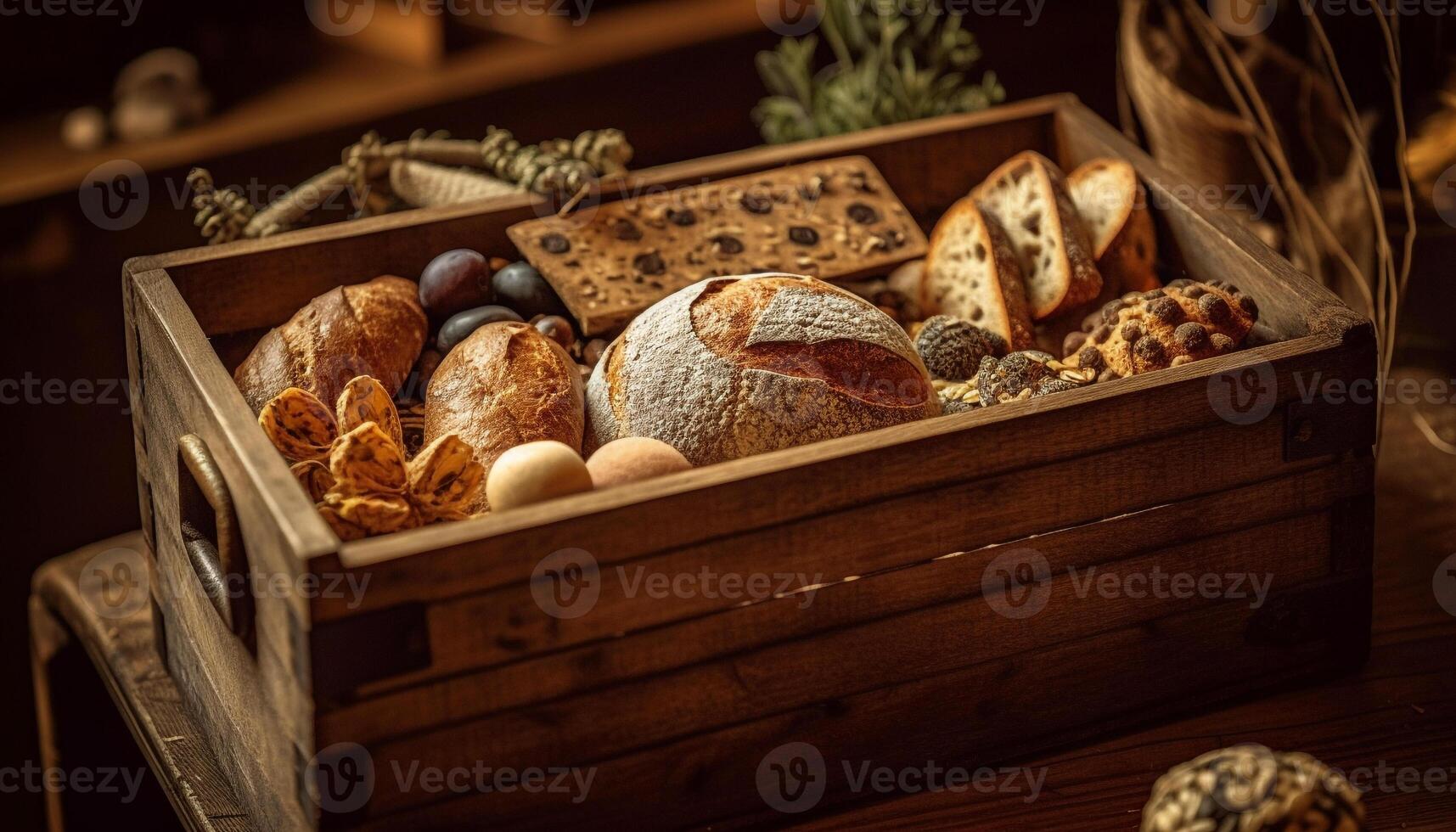 Rustic wooden crate holds abundance of homemade gourmet snacks and bread generated by AI photo