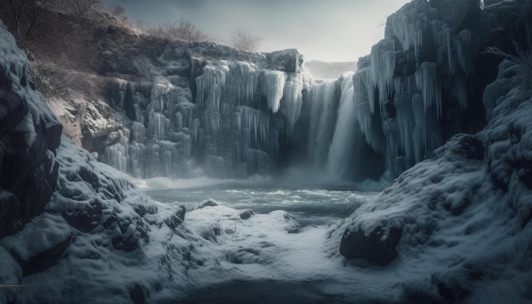 The majestic mountain range stands tall over the flowing water generated by AI photo