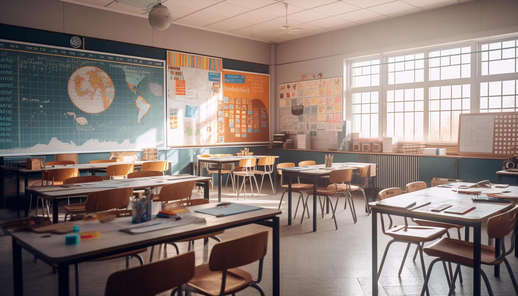 Modern classroom with technology and empty desks for learning development generated by AI photo