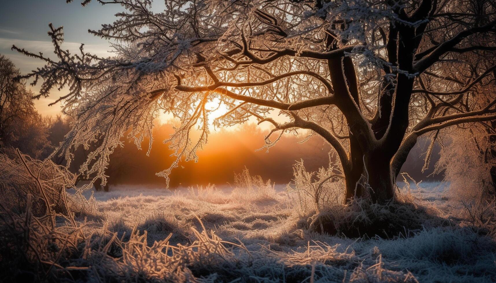 A tranquil scene frosty tree branch reflects in icy water generated by AI photo