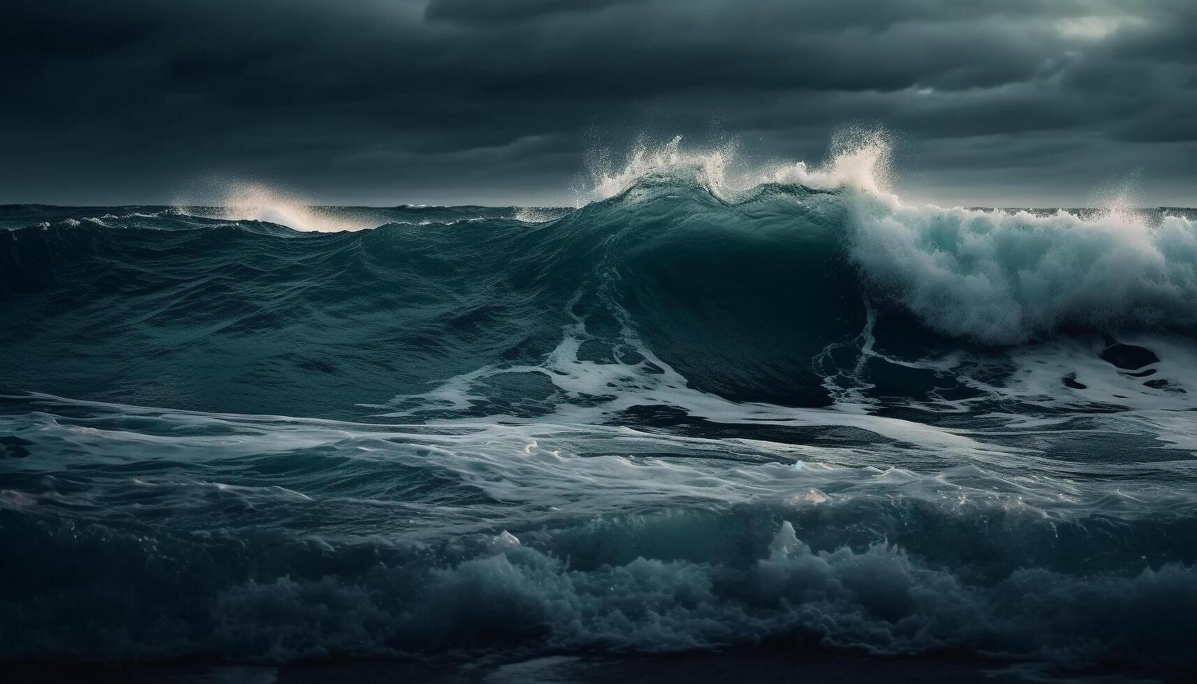 Dramatic sky and crashing waves evoke awe in nature power generated by AI photo