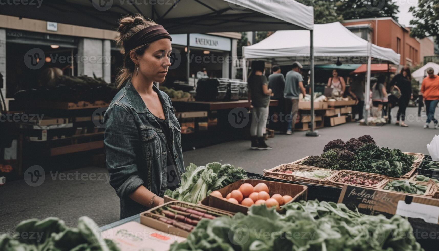 joven mujer elegir Fresco orgánico vegetales desde sonriente mercado vendedor generado por ai foto